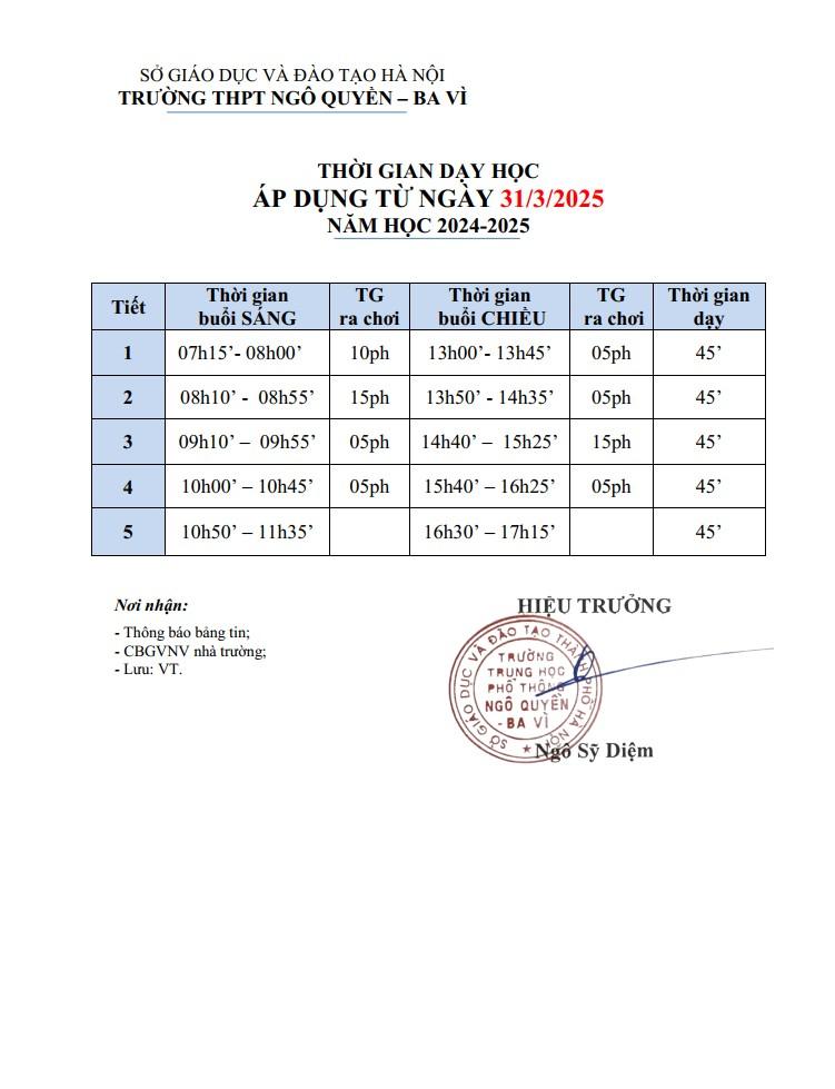THỜI GIAN DẠY HỌC ÁP DỤNG TỪ NGÀY 31/3/2025 NĂM HỌC 2024-2025