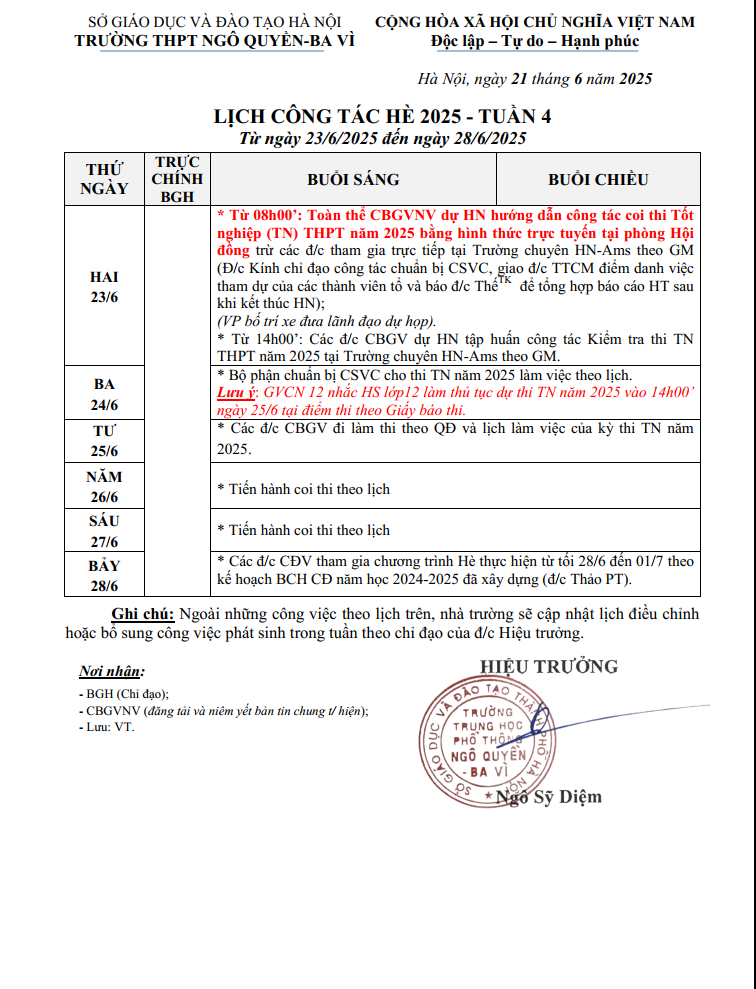 LỊCH CÔNG TÁC HÈ 2025 - TUẦN 4 Từ ngày 23/6/2025 đến ngày 28/6/2025