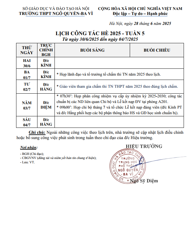 LỊCH CÔNG TÁC HÈ 2025 - TUẦN 5 Từ ngày 30/6/2025 đến ngày 04/7/2025