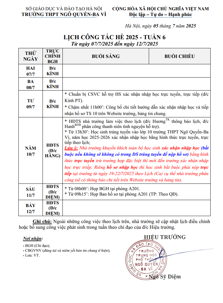 LỊCH CÔNG TÁC HÈ 2025 - TUẦN 6 Từ ngày 07/7/2025 đến ngày 12/7/2025