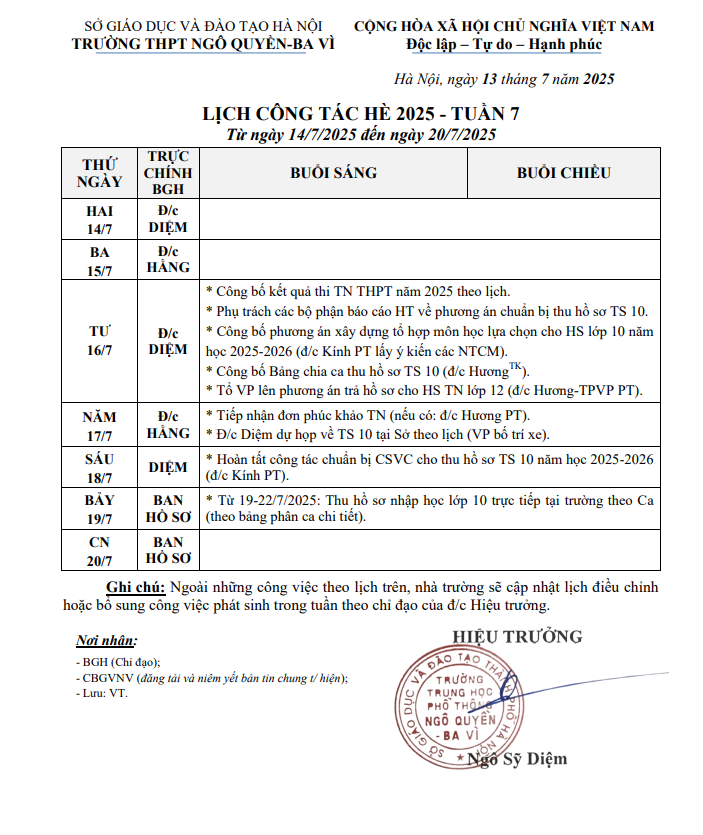 LỊCH CÔNG TÁC HÈ 2025 - TUẦN 7 Từ ngày 14/7/2025 đến ngày 20/7/2025