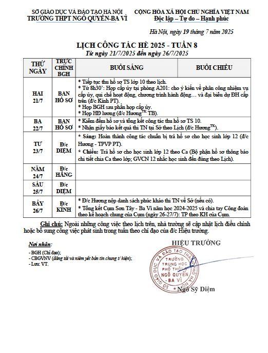 LỊCH CÔNG TÁC HÈ 2025 - TUẦN 8 Từ ngày 21/7/2025 đến ngày 26/7/2025