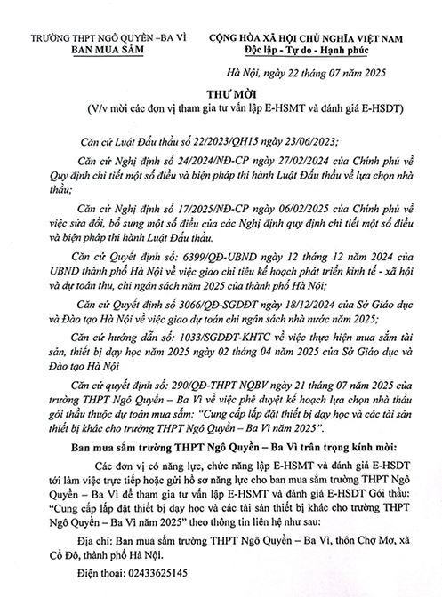 Thư mời về việc mời các đơn vị tham gia tư vấn lập E-HSMT và đánh giá E-HSDT