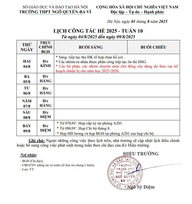 LỊCH CÔNG TÁC HÈ 2025 - TUẦN 10 Từ ngày 04/8/2025 đến ngày 09/8/2025