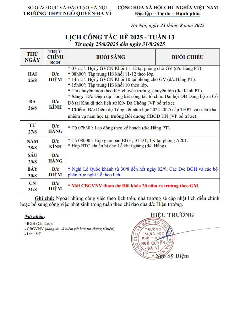LỊCH CÔNG TÁC HÈ 2025 - TUẦN 13 Từ ngày 25/8/2025 đến ngày 31/8/2025