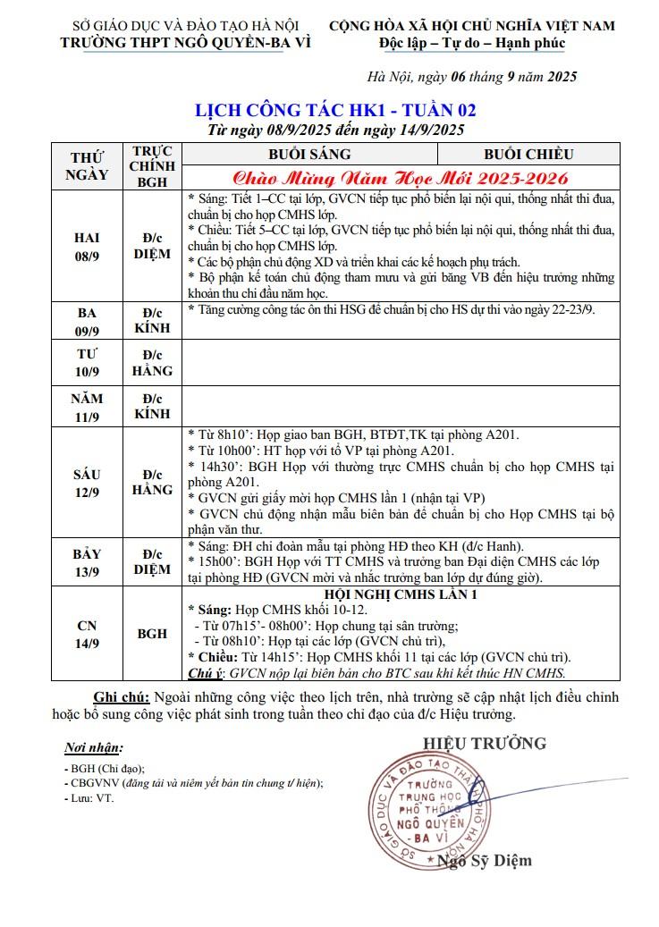 LỊCH CÔNG TÁC HK1 - TUẦN 02 Từ ngày 08/9/2025 đến ngày 14/9/2025