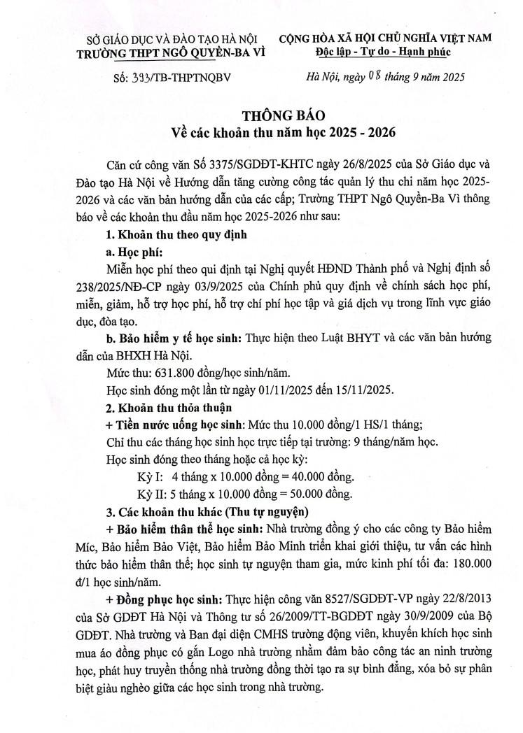 THÔNG BÁO Về các khoản thu năm 2025 - 2026