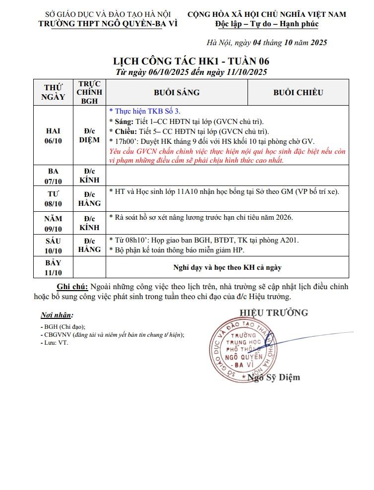 LỊCH CÔNG TÁC HK1 - TUẦN 06 Từ ngày 06/10/2025 đến ngày 11/10/2025