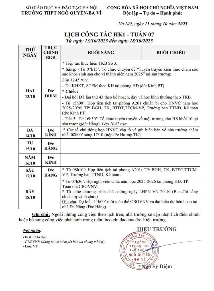 LỊCH CÔNG TÁC HK1 - TUẦN 07 Từ ngày 13/10/2025 đến ngày 18/10/2025