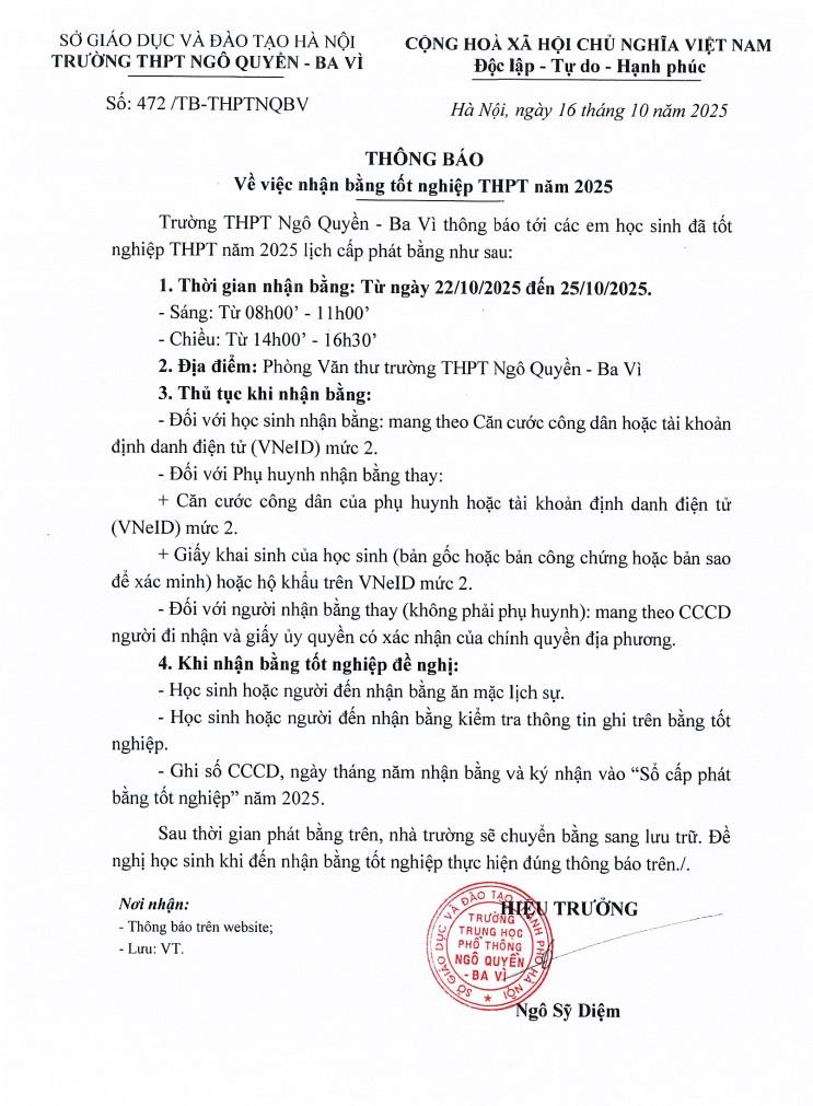 THÔNG BÁO về việc nhận bằng tốt nghiệp THPT năm 2025
