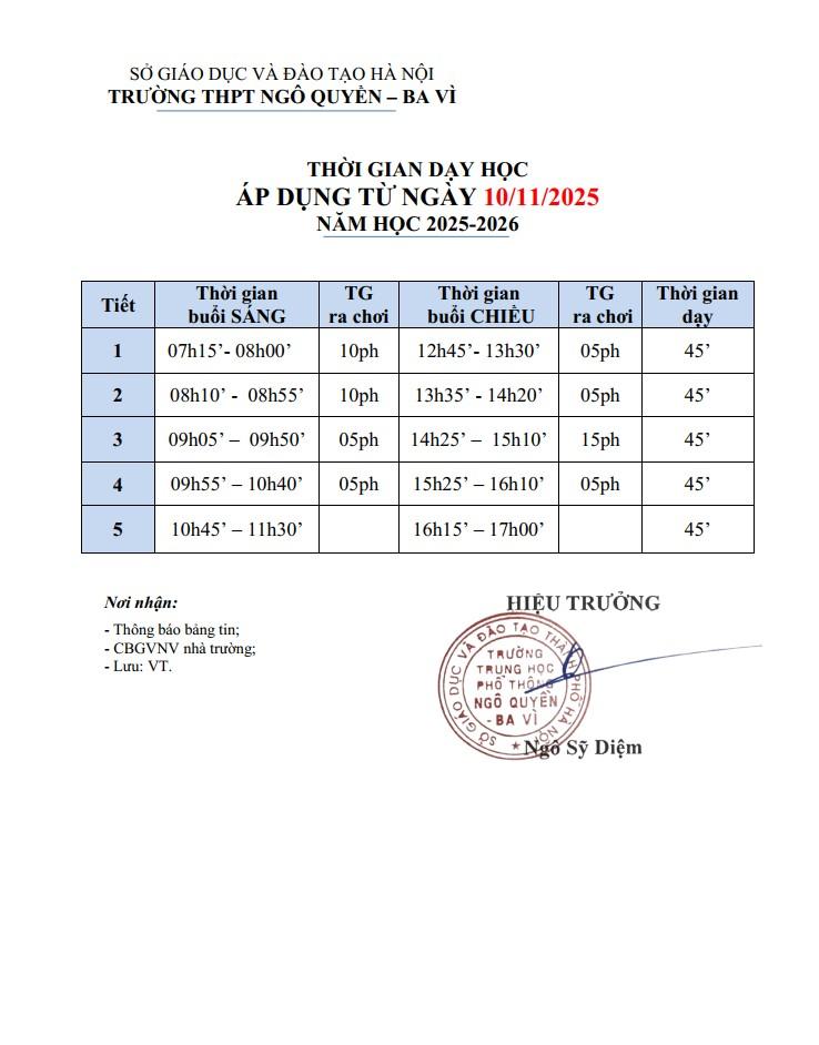 THỜI GIAN DẠY HỌC ÁP DỤNG TỪ NGÀY 10/11/2025 NĂM HỌC 2025-2026