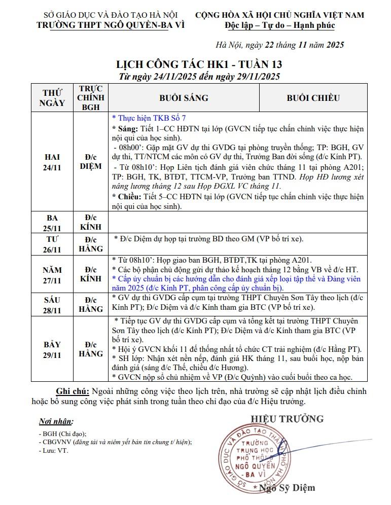 LỊCH CÔNG TÁC HK1 - TUẦN 13 Từ ngày 24/11/2025 đến ngày 29/11/2025