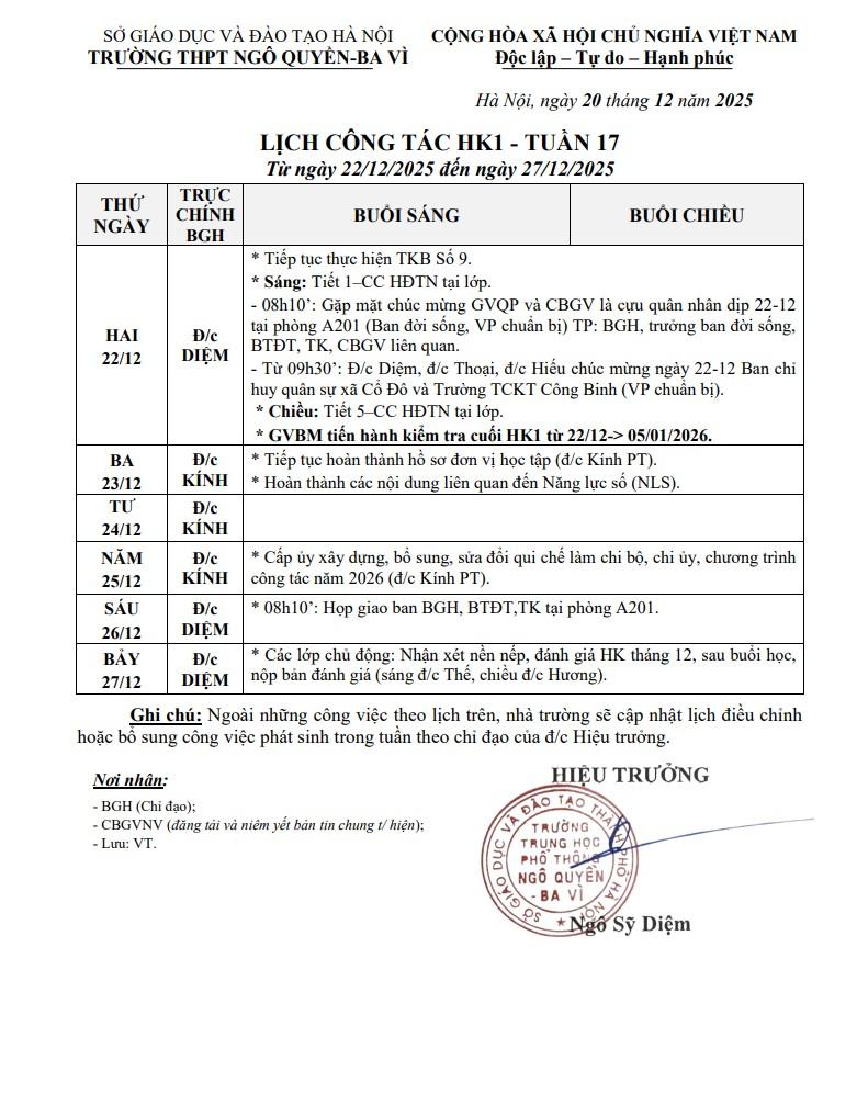LỊCH CÔNG TÁC HK1 - TUẦN 17 Từ ngày 22/12/2025 đến ngày 27/12/2025