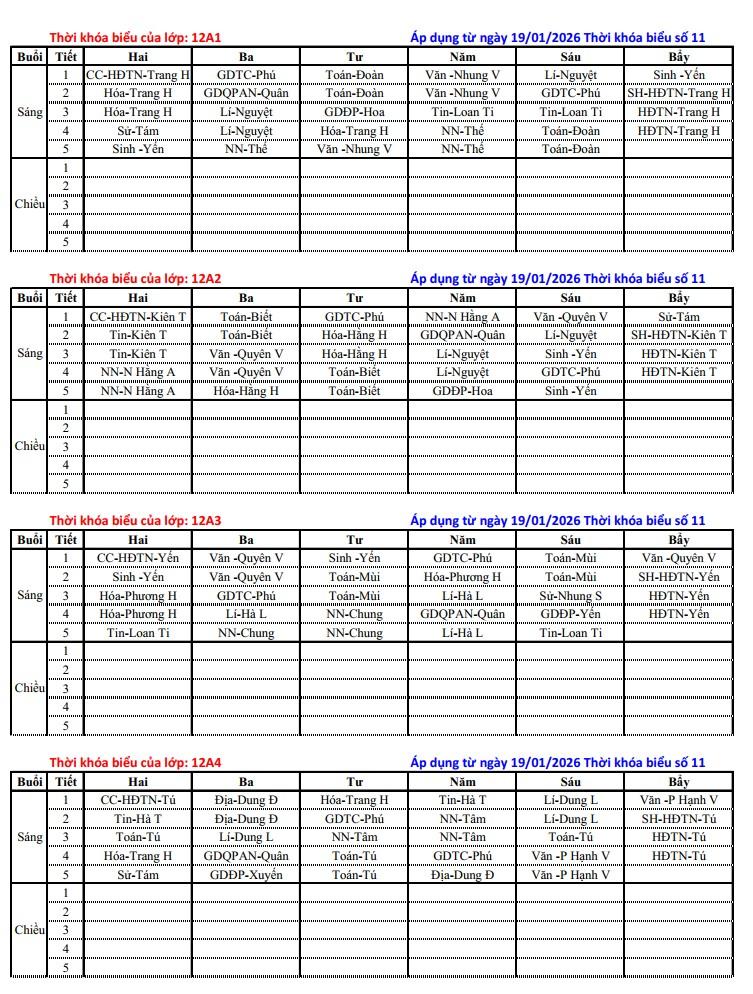 Thời khóa biểu số 11 của Học sinh. Áp dụng từ ngày 19/01/2026