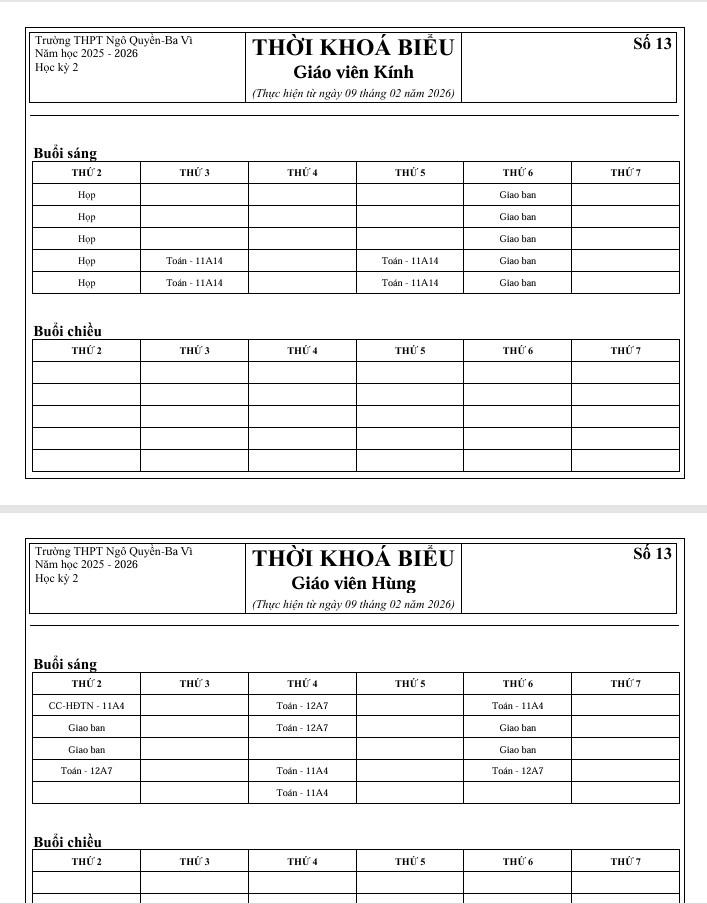 TKB Giáo viên số 13, thực hiện từ ngày 09/02/2026