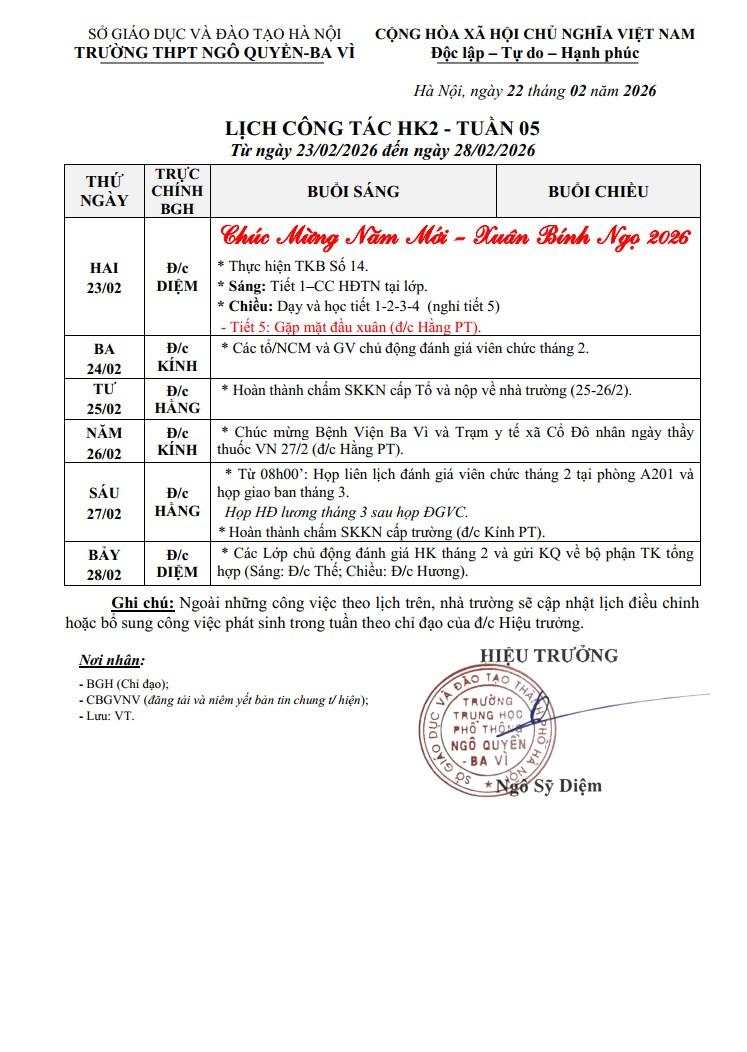 LỊCH CÔNG TÁC HK2 - TUẦN 05