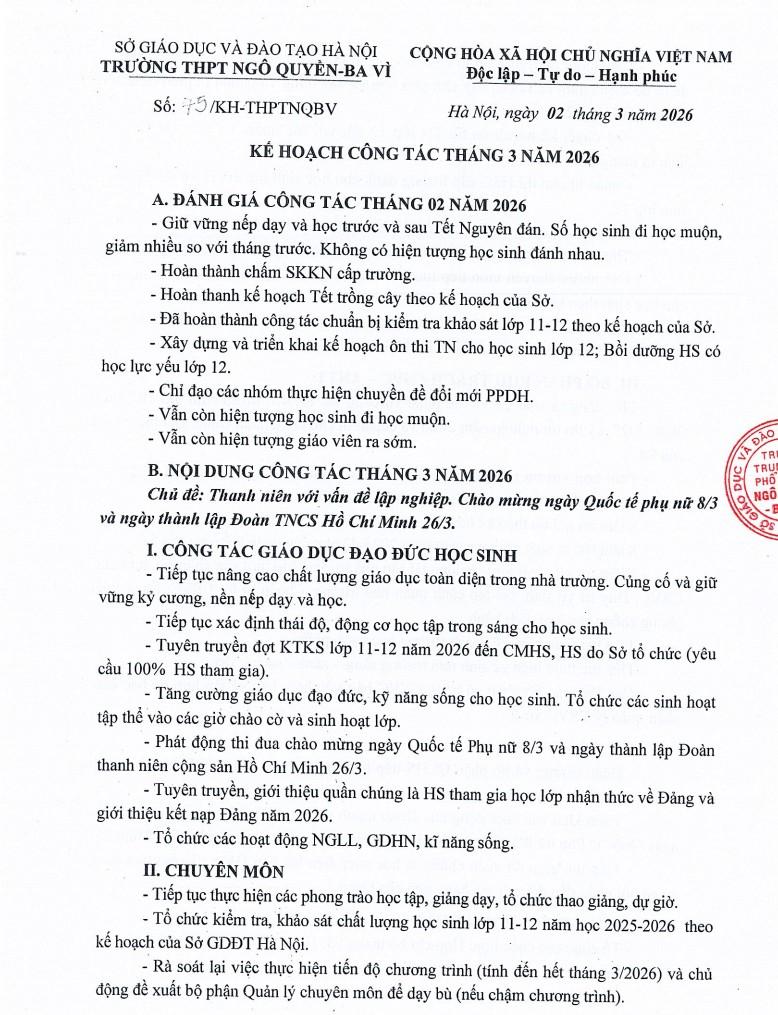 KẾ HOẠCH CÔNG TÁC THÁNG 3 NĂM 2026