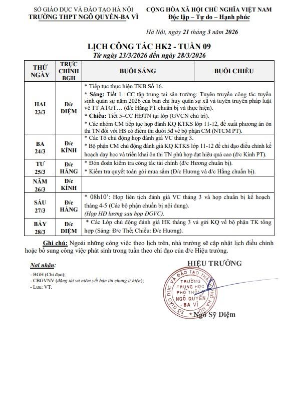 LỊCH CÔNG TÁC HK2 - TUẦN 09 Từ ngày 23/3/2026 đến ngày 28/3/2026