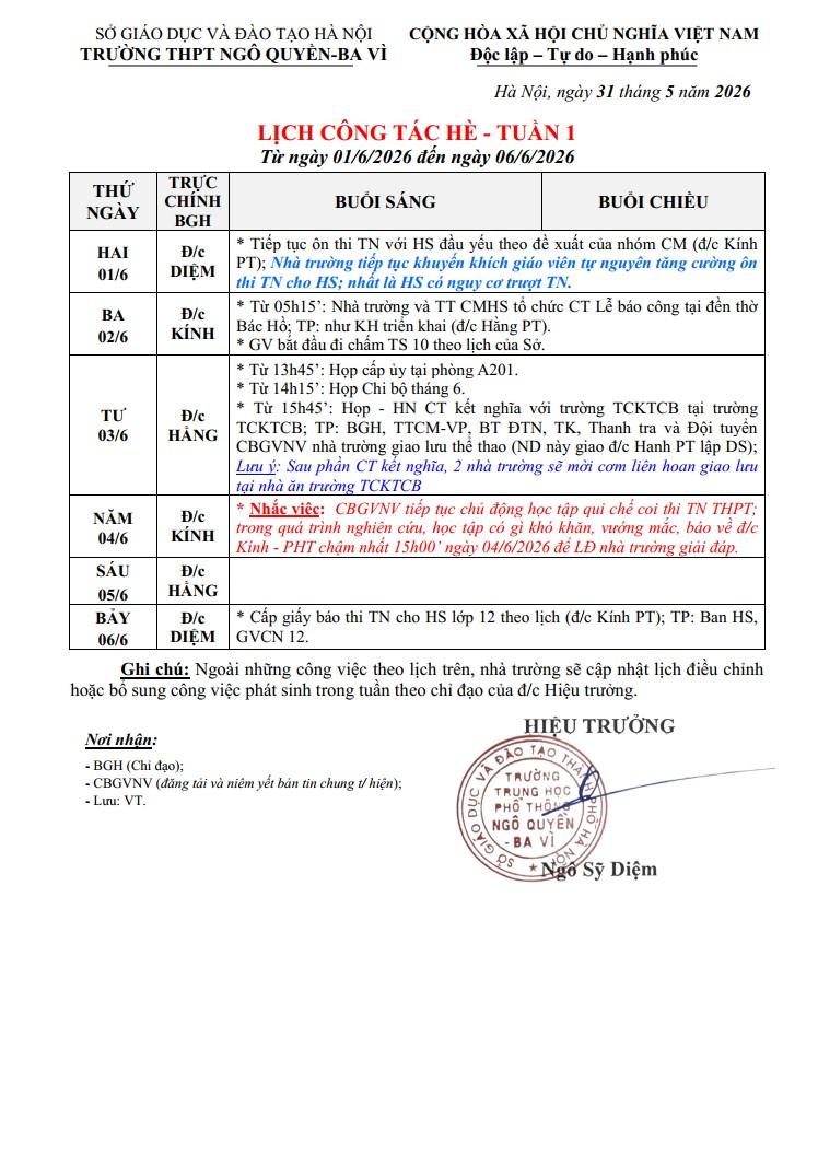 LỊCH CÔNG TÁC HÈ - TUẦN 1 Từ ngày 01/6/2026 đến ngày 06/6/2026