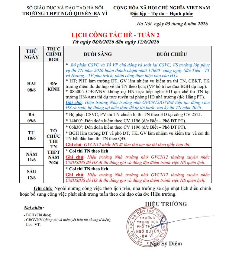 LỊCH CÔNG TÁC HÈ - TUẦN 2 Từ ngày 08/6/2026 đến ngày 12/6/2026