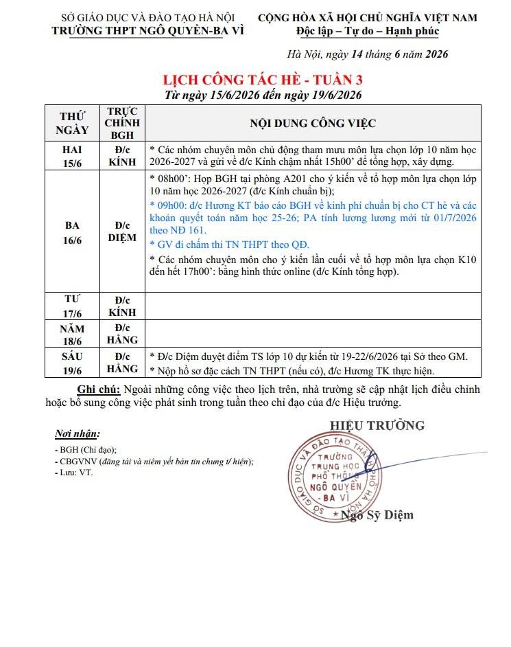 LỊCH CÔNG TÁC HÈ - TUẦN 3 Từ ngày 15/6/2026 đến ngày 19/6/2026