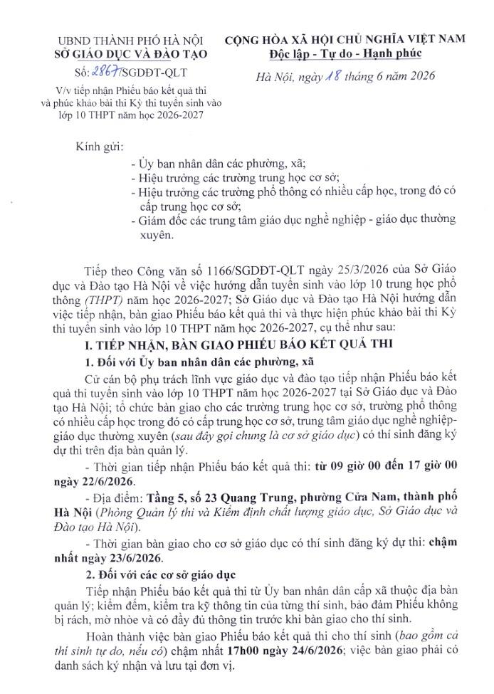 Tiếp nhận Phiếu báo kết quả thi và phúc khảo bài thi Kỳ thi Tuyển sinh vào lớp 10 THPT năm học 2026-2027