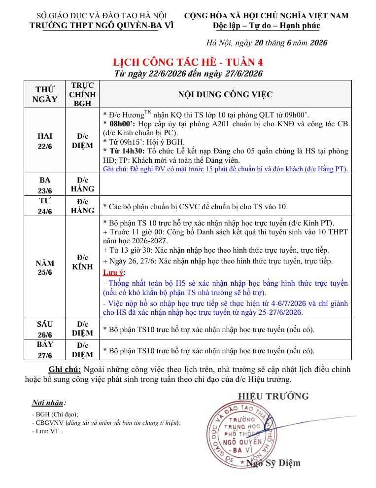 LỊCH CÔNG TÁC HÈ - TUẦN 4  Từ ngày 22/6/2026 đến ngày 27/6/2026