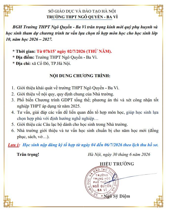 THÔNG TIN NỘP HỒ SƠ VÀ TƯ VẤN TỔ HỢP TUYỂN SINH VÀO 10 TRƯỜNG THPT NGÔ QUYỀN - BA VÌ
