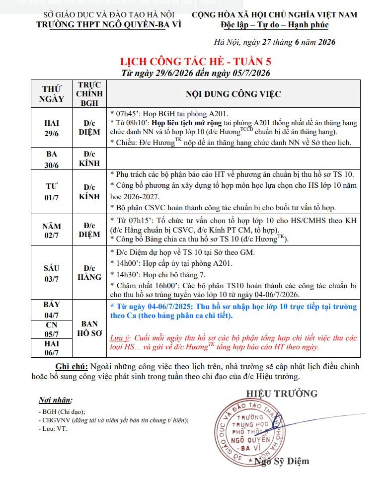 LỊCH CÔNG TÁC HÈ - TUẦN 5 Từ ngày 29/6/2026 đến ngày 05/7/2026