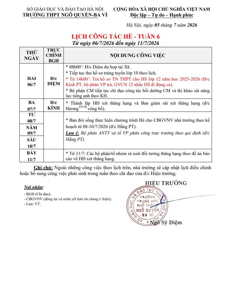 LỊCH CÔNG TÁC HÈ - TUẦN 6 Từ ngày 06/7/2026 đến ngày 11/7/2026