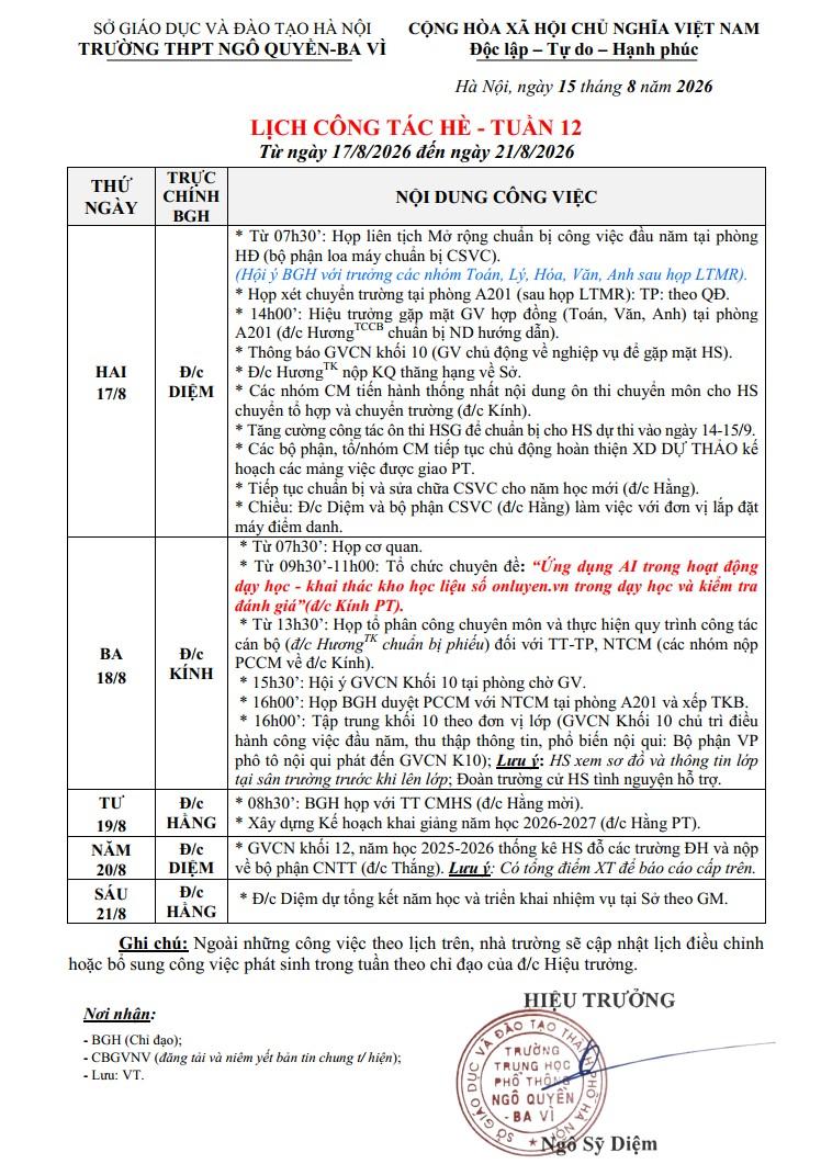 LỊCH CÔNG TÁC HÈ - TUẦN 12 Từ ngày 17/8/2026 đến ngày 21/8/2026