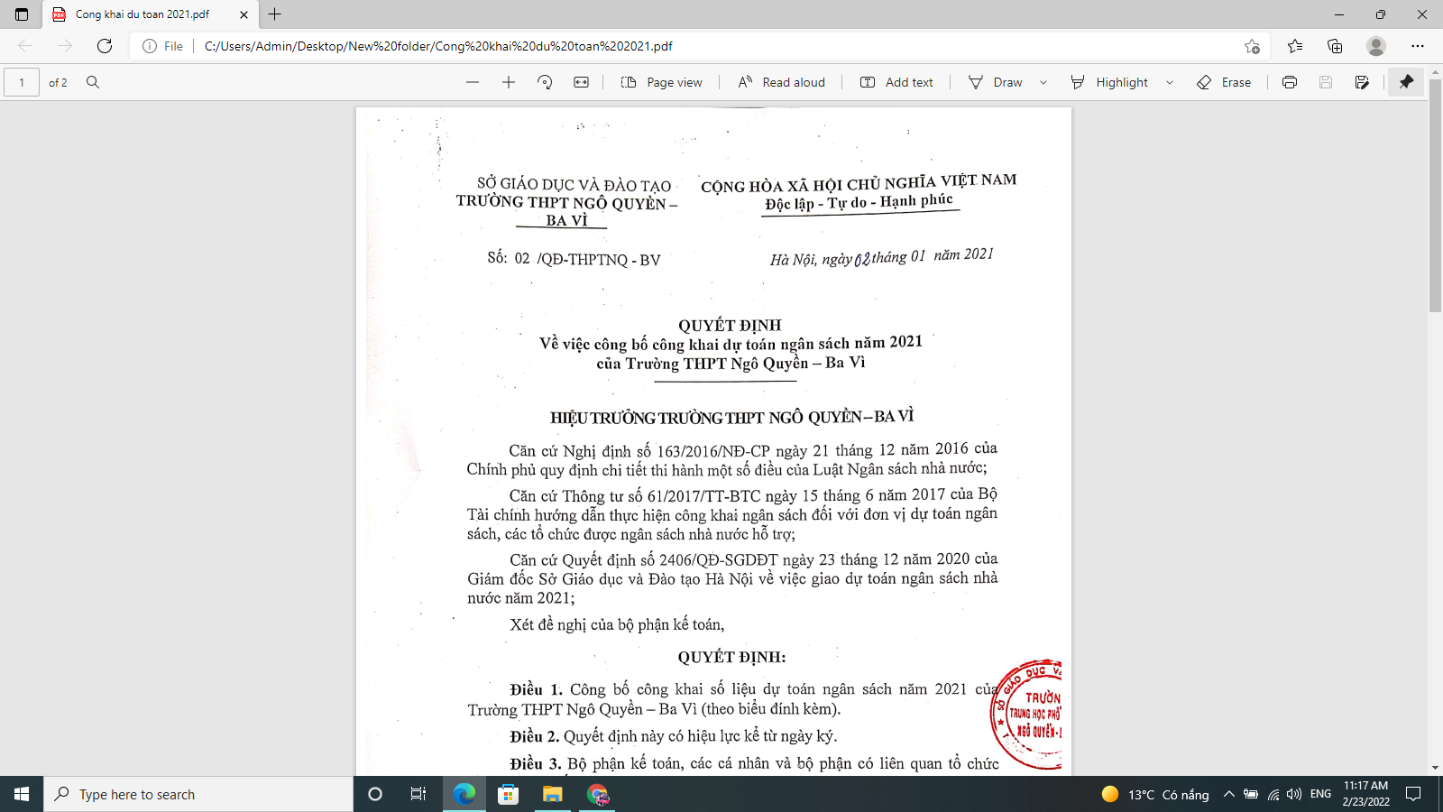 Công khai thu chi ngân sách năm 2021